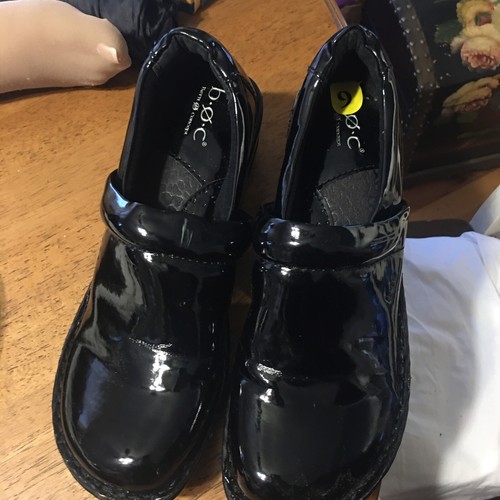 boc black patent leather clogs
