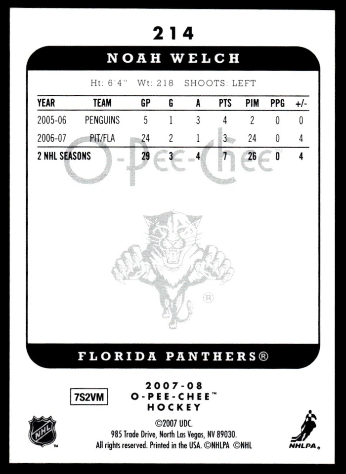 2007-08 O-Pee-Chee Micromotion Noah Welch Florida Panthers #214 R130 - Image 2 of 2