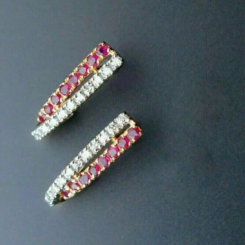 2Ct Round Created Red Ruby & Diamond Huggie Hoop Earrings 14K Yellow Gold Plated - Image 2 of 4