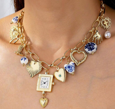  NECKLACE-Charms Handmade Multi-Charms, Faux Watch Locket, Ceramic Heart Beads 