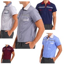 Men Motor Mechanic Uniform Performance Tech Shirt Reflective Stripe Pockets Top