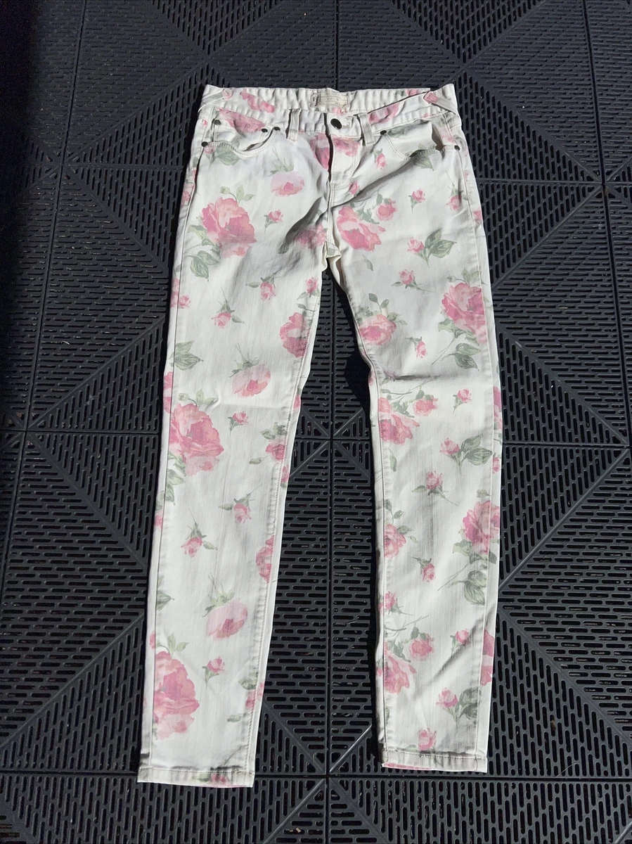 FREE PEOPLE Floral ROSES Pink Green Print Skinny Jeans Women s 28