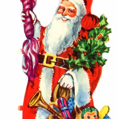 Scandinavian SANTA CLAUS, TOYS AND CANDY - Christmas die cut paper scrap 1970s