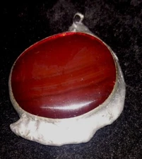 Glass Ruby Red Translucent Silver Medal Pendant H 2"X W 1.5" Steel Bale Vintage 