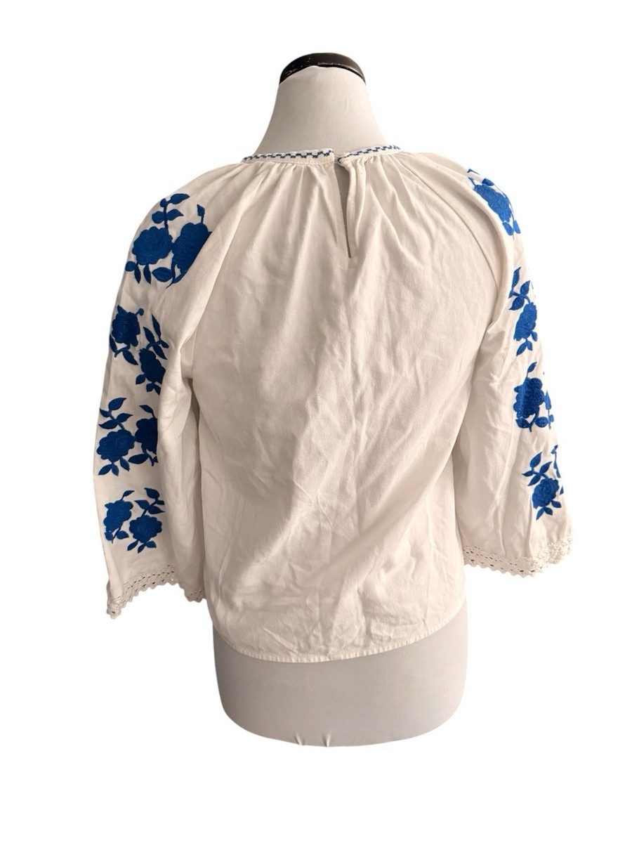 Sezane Rina Floral White & Blue Embroidered Blouse Top Size 34 (2