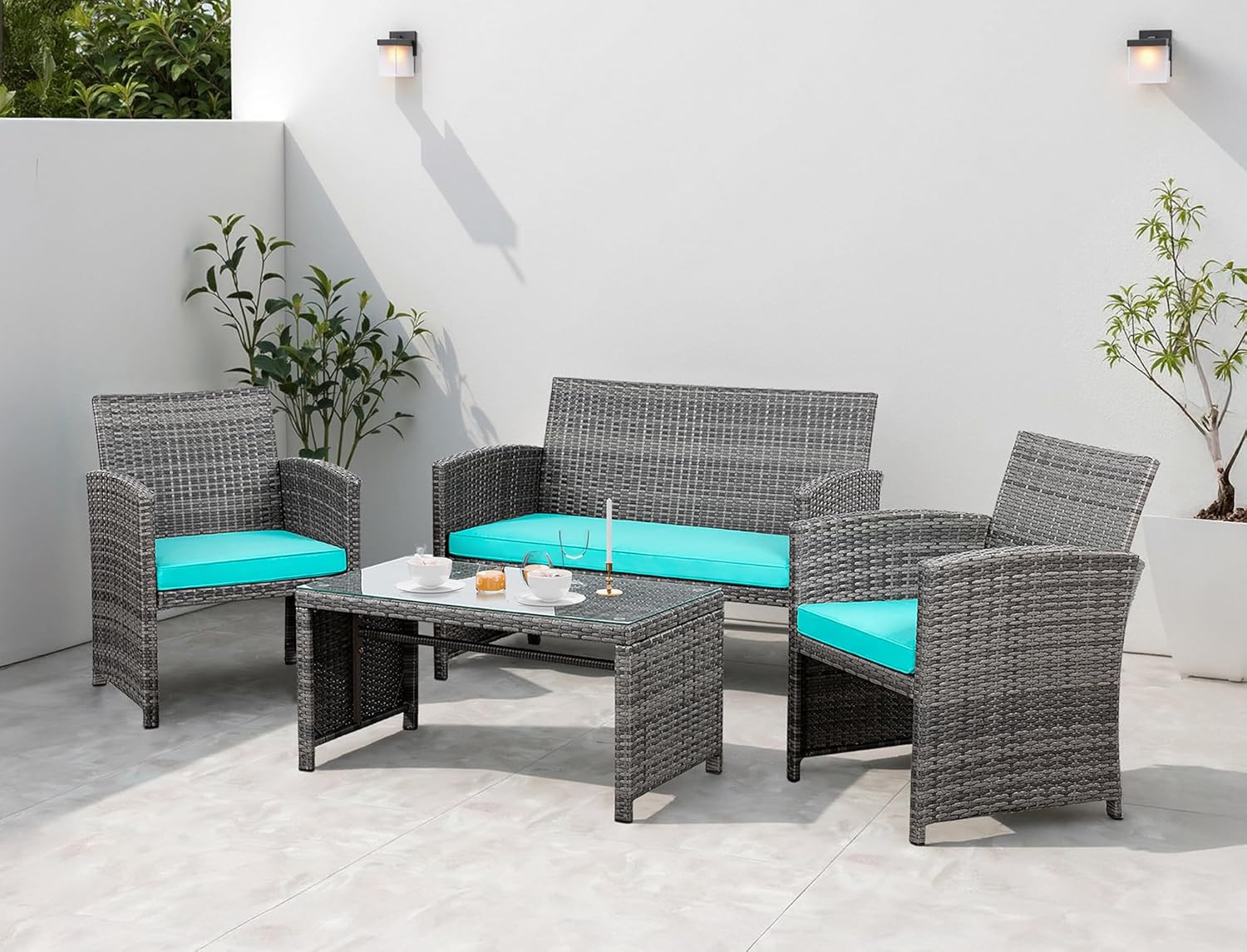 4 Piece Patio Ratten Set Outdoor Furniture Set Wicker Conversation Set with Cush thumbnail 10