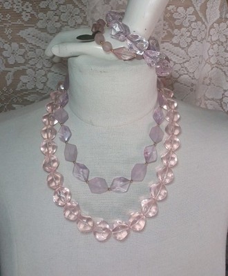 4pc Vtg 80s Avon Lilac Crystal Necklace Chunky Lucite Stretch Bracelet Satin Lot