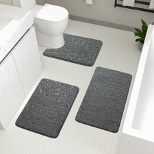 3 Piece Cobblestone Memory Foam Bath Mat Set, Dark Grey, Thick, Absorbent