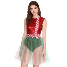 UK Womens Christmas Costume Xmas Candy Cane Dress Santa Elf Dress-up Hem Dress