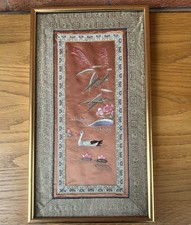 Vintage Chinese Silk Embroidery Tapestry Framed Hand Stitched Bird & Lotus