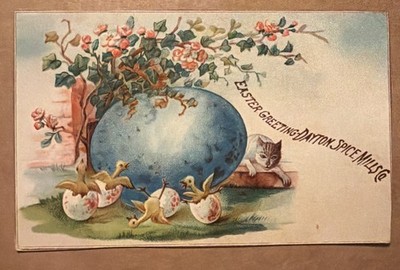 Dayton Spice Mills Easter Greetings Blue Egg & Chicks Embossed Vict Card c1880s