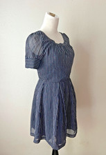 Vintage Y2K Tommy Girl Striped Dress Navy Blue Preppy Puff Sleeve Short Dress