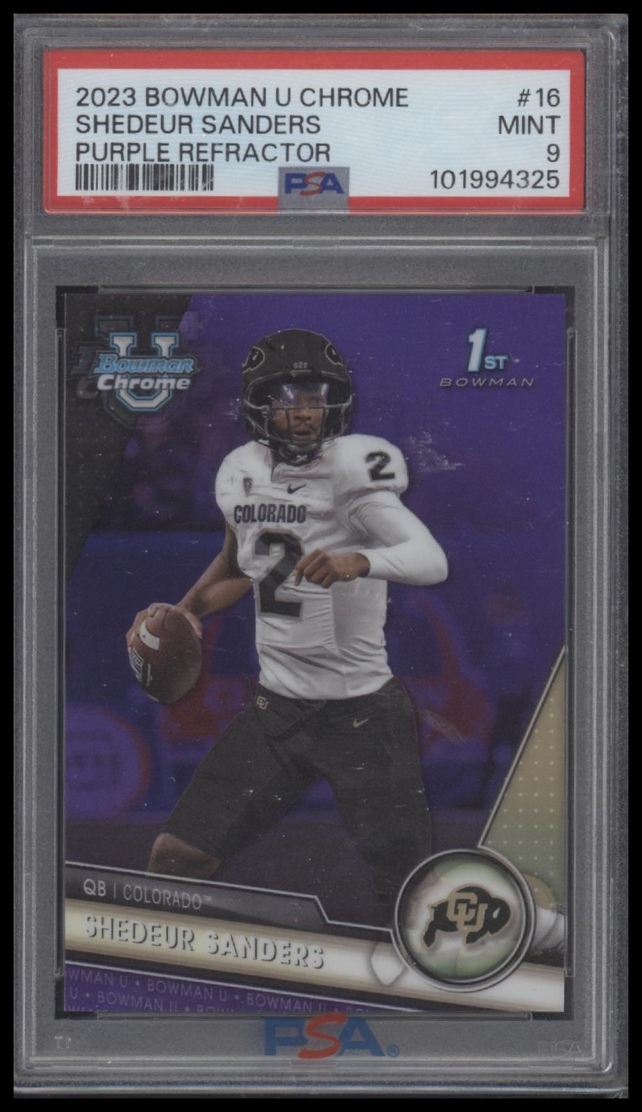 2023 Bowman University Chrome #16 Shedeur Sanders Purple Refractor #/399 PSA 9