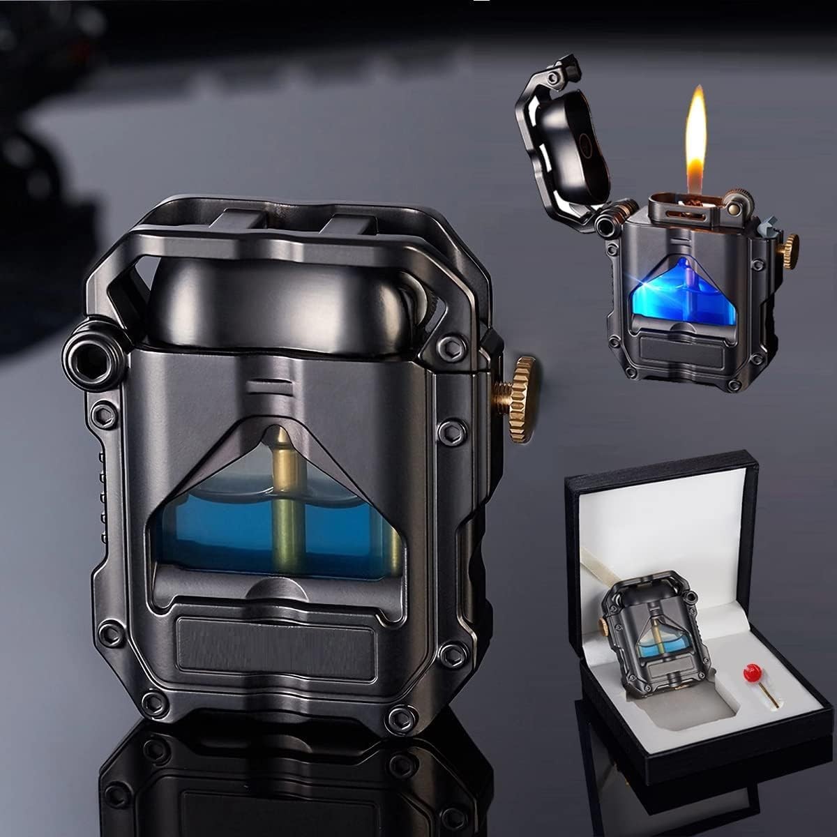 Cool Steampunk Kerosene Lighter With Blue Led Light, Black