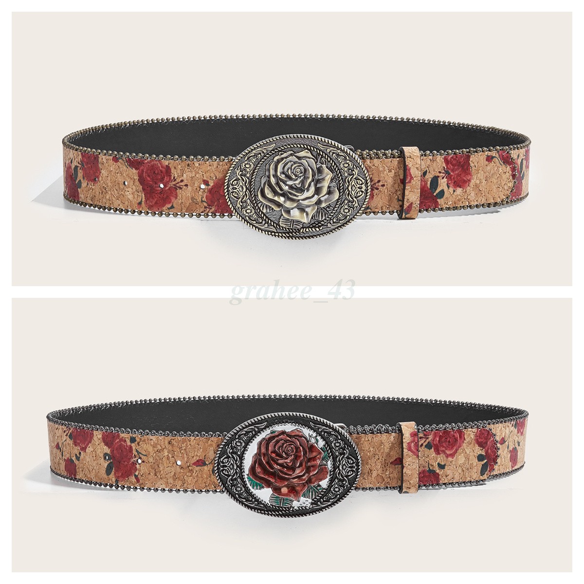 Vintage Rose Buckle Western Belt Floral Print Jeans Belt Cork Style Women's