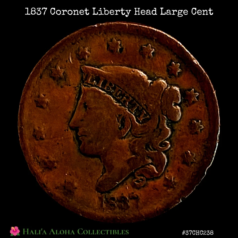 💠🪙💠1837 Coronet Liberty Matron Head U.S. Large Cent ~ N-5 RB ERROR COIN - Image 2 of 4
