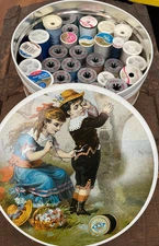 Vintage Coats/Clark Sewing Tin With Variety Spools Of Thread, Blues, Tans, grey 