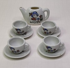 Mini 9 Pc Ceramic Mini Tea Set Girl Watering Flower Child  s Toy Dollhouse JAPAN