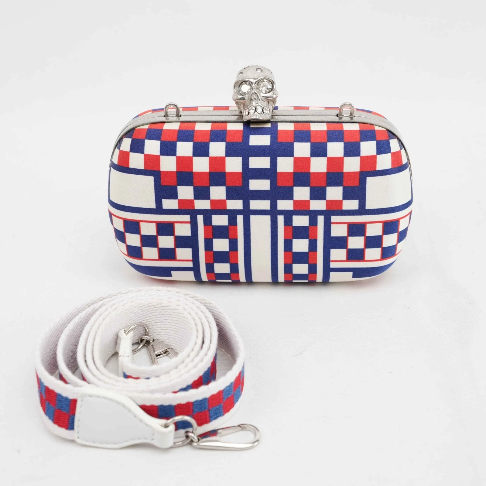 Alexander McQueen — Alexander McQueen Skull Box Clutch – Red, White & Blue Geometric Print