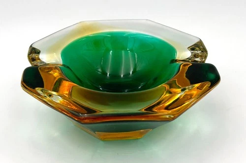 Vintage Murano Sommerso Glass Ashtray Green Amber Geometric MCM 5.5 in