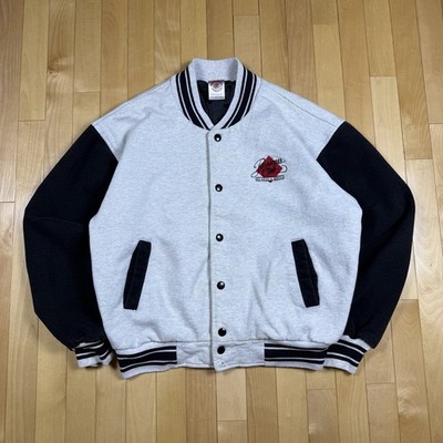 Vintage Varsity Jacket Mens XL Gray Black Snap Button Bomber Y2K USA Style