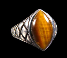 STERLING SILVER RING Marquise Brown Tiger's Eye CROSSHATCH QUILTED STYLE sz 9