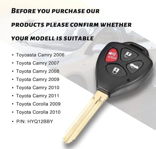 Chaveiro remoto de substituição 2 peças compatível com Toyota Camry 2007 2008 2009 2010 2011 - Imagem 2 de 4