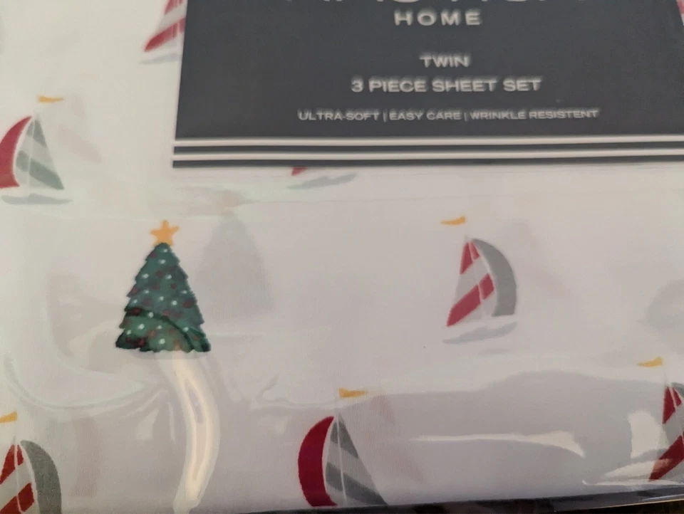 Juego de sábanas dobles Nautica Holiday Sails velero árbol nuevo funda de almohada plana ajustada Foto 3 de 4