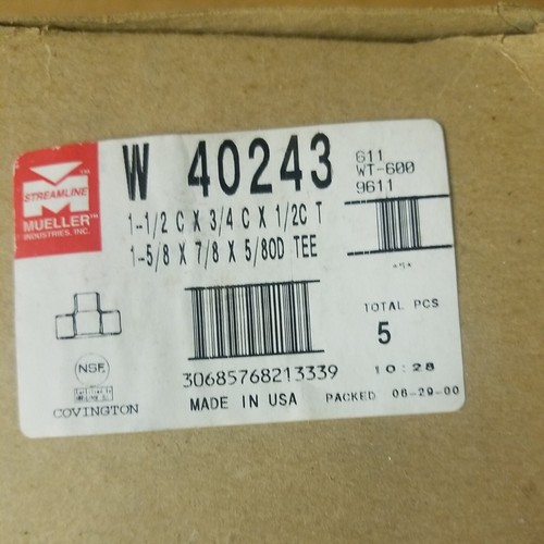 Muller Streamline W40243 1-1/2x3/4x1/2 Copper Tee One Box Of 5 Tees