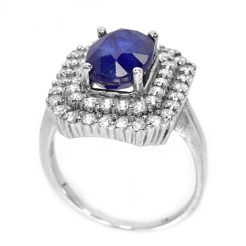 925 STERLING SILVER RING GENUINE BLUE SAPPHIRE & WHITE CZ GEMSTONE SIZE 6.25 - Picture 4 of 8