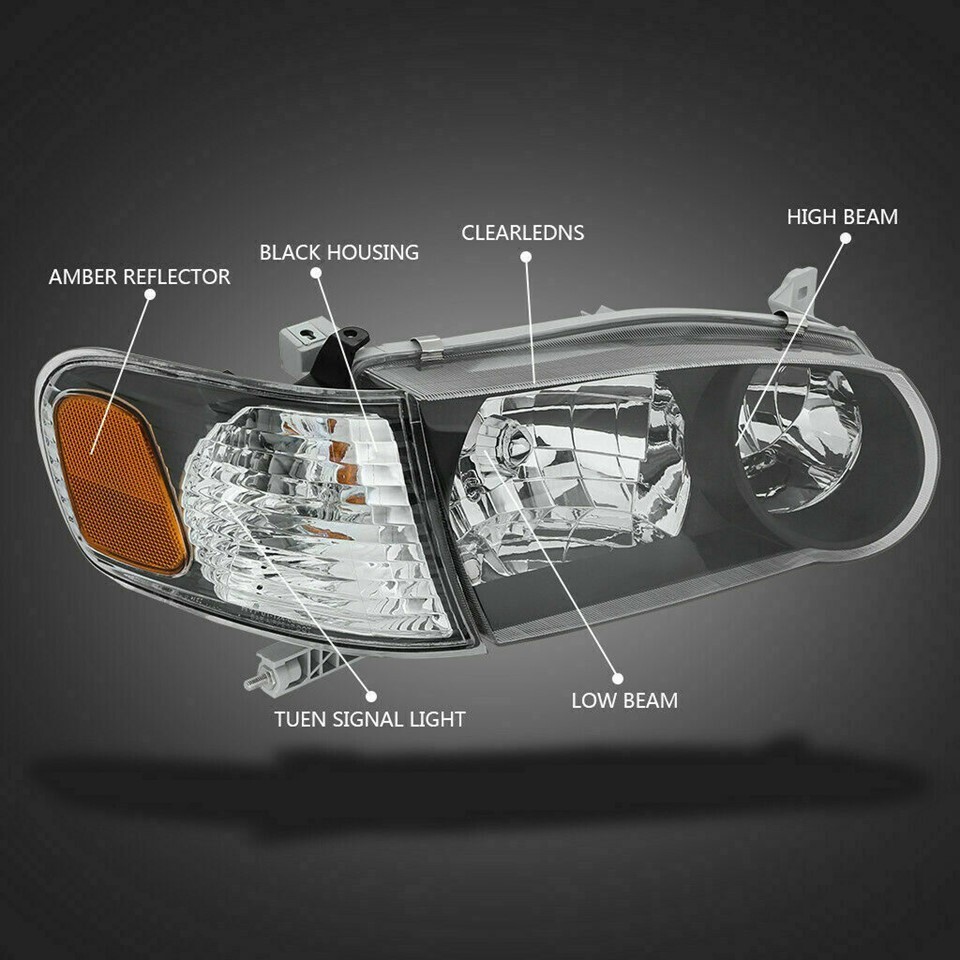 Headlight Assembly Pair For 2001-2002 Corolla CE/LE/S JDM Black Housing Driver and Passenger Headlights Halogen Headlamps Replacement with Amber Corner Lights 4 pcs/set