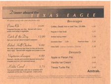 Amtrak Dining Car Menu Texas Eagle Passenger Railroad