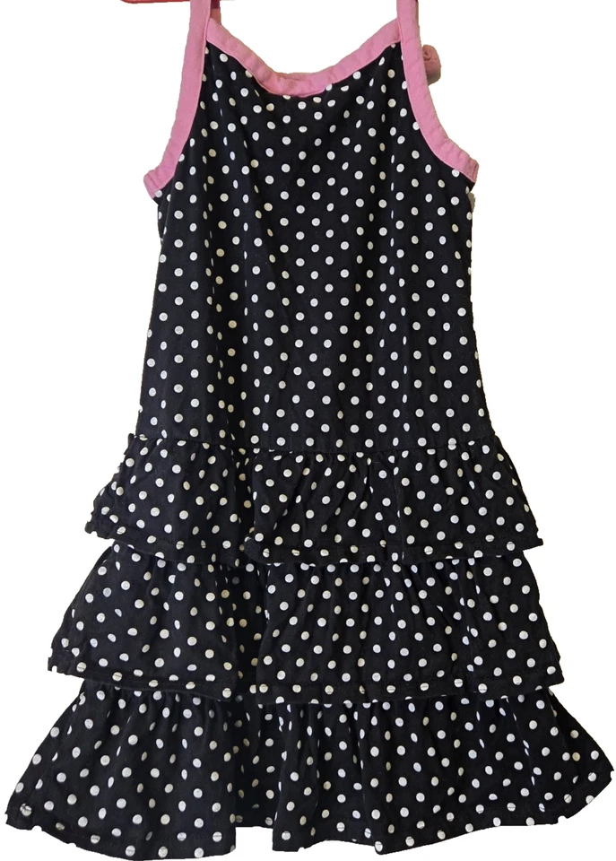 Hello Kitty Sundress Girls Sz M (7-8) Pink/Blk Polka Dot Bow Ruffle Tiered Dress - Image 4 of 4
