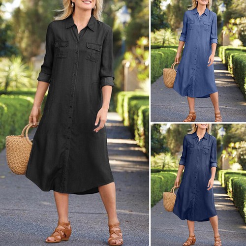 Womens Denim Shirt Dress Retro Casual T 