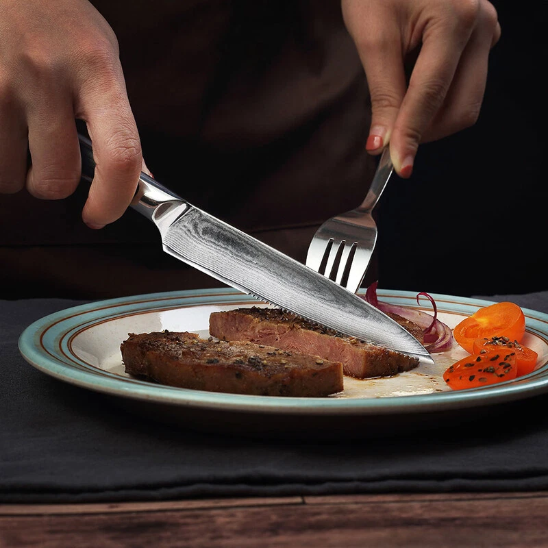 Cuchillo de carne dentado Sunnecko cortador de carne de 5 pulgadas cubiertos de cena de acero Damasco Foto 3 de 4