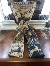Winter Knitted Reindeer Fair Isle Blue Beige Scarf