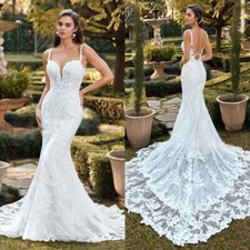 Boho Mermaid Wedding Dresses Spaghetti Strap Backless Lace Applique Bridal Gowns