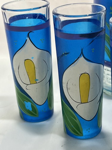 VNTG Mexican TEQUILA DECANTER 6 Calla Lily Shot Glass Set Metal Rack Hand Paint - Picture 11 of 15