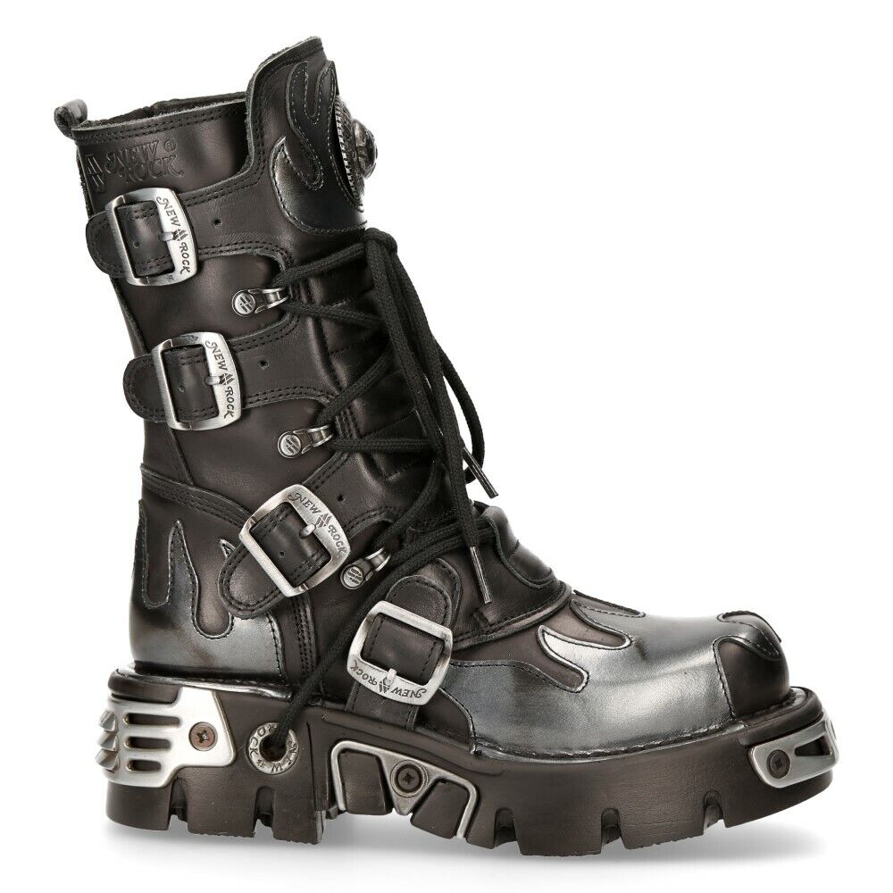 New Rock 591-S2 Silver Flame Boots Metal Black Leather Heavy New Rock 591-S2 Silver Flame Boots Metal Black Leather Heavy