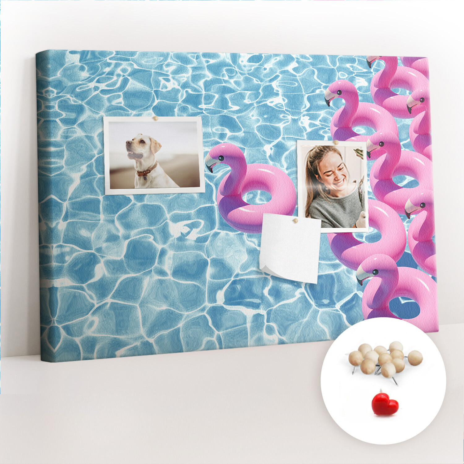 Tablero de Corcho Calendario escolar + 100 chinchetas 60x40 Flamencos hinchables