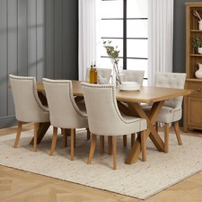 Dining Table with Scoop Linen Dining Chairs x 6 Cotswold Rustic Smoked Oak 2.2m