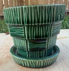 Vintage McCoy Basket Weave Art Pottery Green Flower Pot Planter 3"x 3.5" !