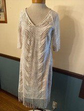 Emma & Michele Womens Beige Lace 3/4 Sleeve V-neck Fringe Dress Size M