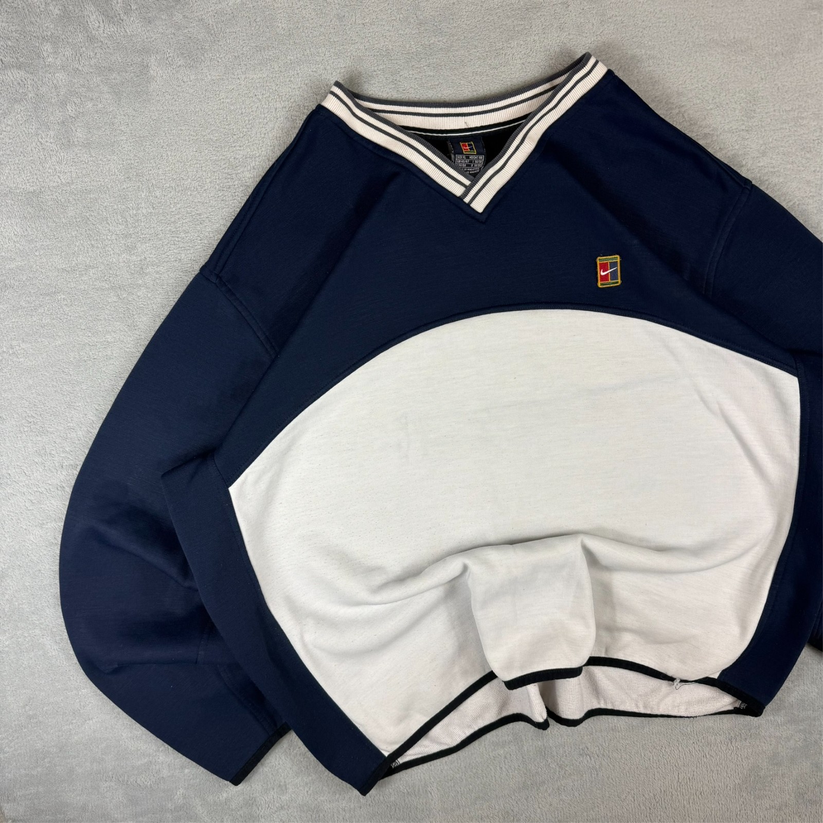 Vintage Nike 1990s Court Agassi Navy White Swoosh V Neck Oversized XL Sweatshirt image 2