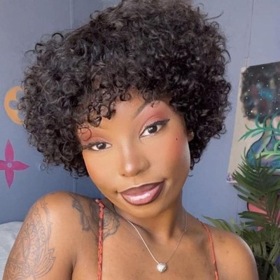 Short Jerry Curly Bob Pixie Cut Human Hair Wig with Bangs None Lace for Women