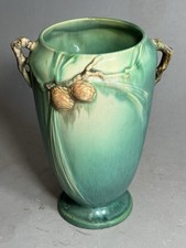 Vintage 1936 ROSEVILLE PINE CONE Art Pottery Green Vase 709-10 with Twig Handles