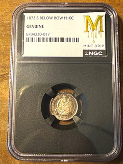 1872 S Seated Liberty Half Dime H10C S Below Bow NGC Genuine Toned Mint Drip