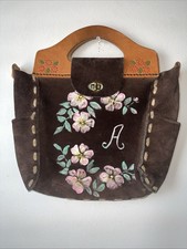 Vtg 70s Tooled Leather Suede Artisan Purse Hand Bag Painted Floral Hippie Boho