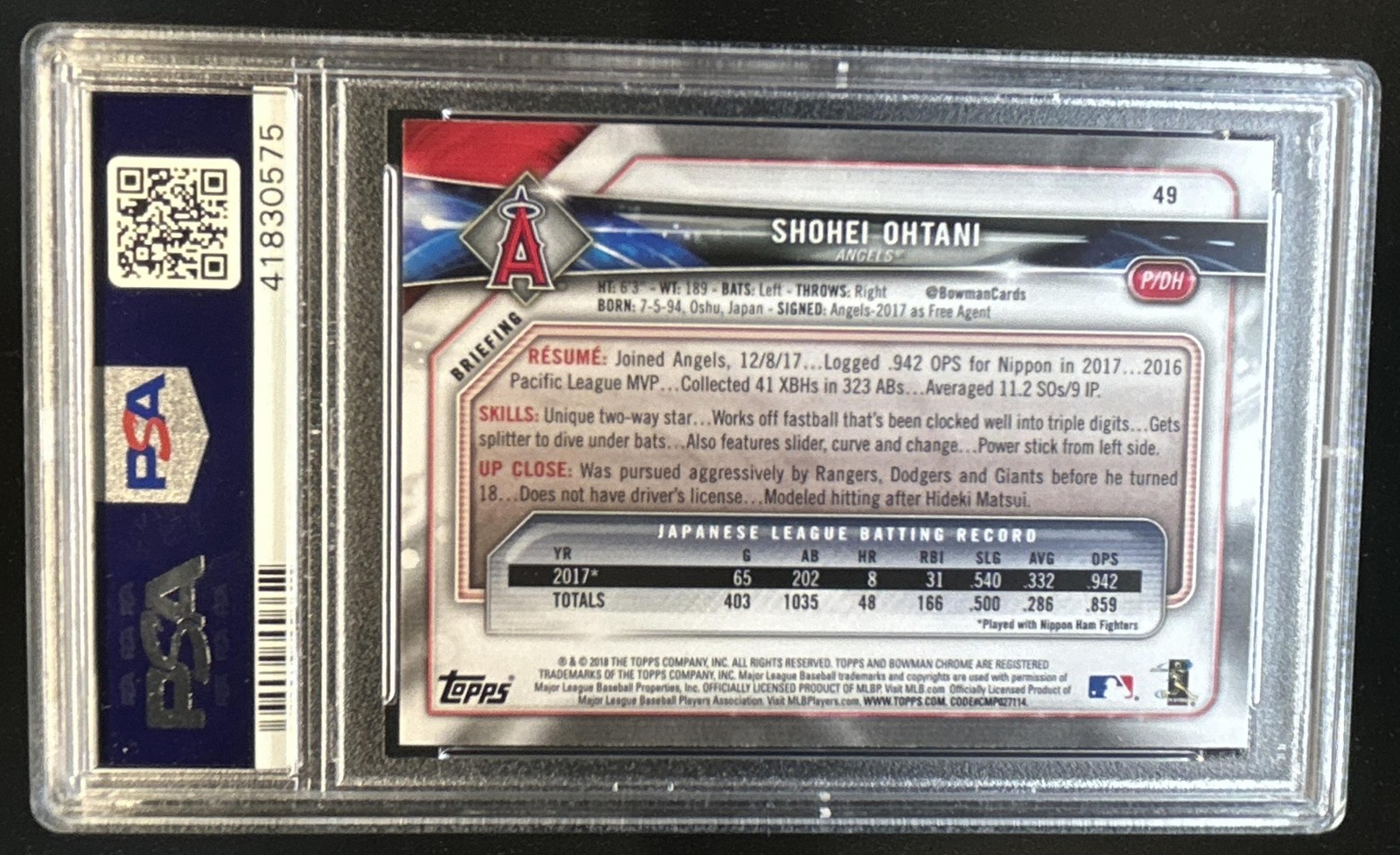 2018 Bowman Shohei Ohtani RC Rookie #49 Angels PSA 10 GEM MINT view 2