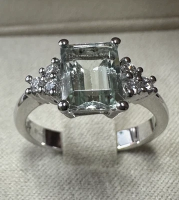 Bague Or Blanc 18Kt. Avec Diamants Naturels Et Aquamarine Naturelle Et Garantie - Photo 1/4